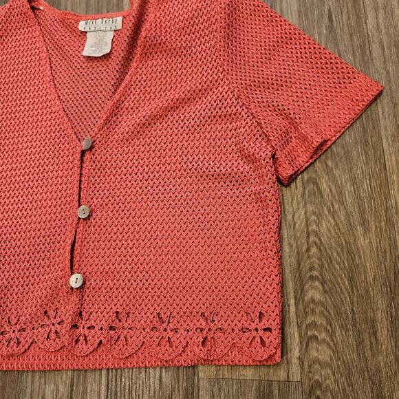 Vtg Crochet Mesh Cardigan Top Womens 10 Coral Pink Beachy Coastal Boho Festival - Picture 2 of 8